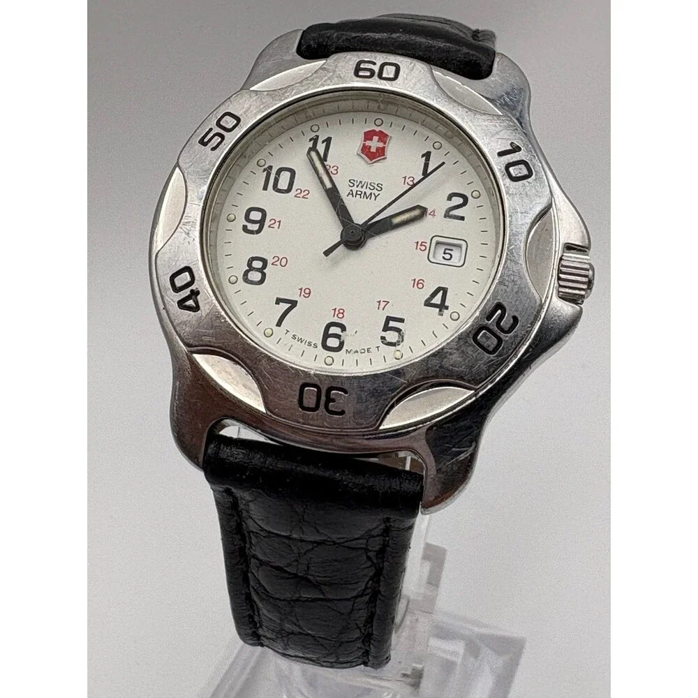 : Vintage Swiss Army Victorinox Watch White Dial Date 38mm Black Leather 330ft